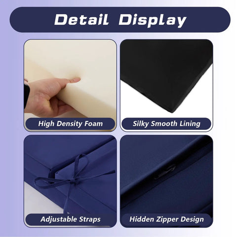 Detail display of Outdoor High Back Patio Chair Cushions Set, highlighting high density foam, silky smooth lining, straps, zipper