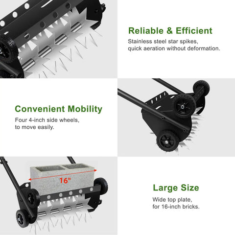 Image showing features of 18 Inch Push Lawn Aerator with Four Wheels and 45 Inch Handle Heavy Duty Spike Drum Aerator for Lawn Care.