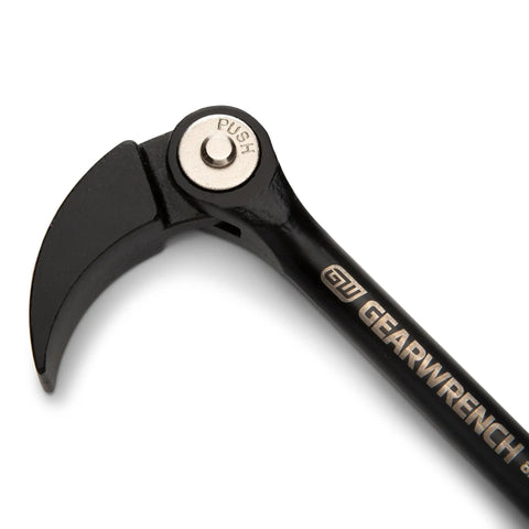 Close-up of Two Piece Indexing Pry Bar Set With 8 Inch And 16 Inch Bars, Heads Rotate 180 Degrees Through 14 Locking Positions, black metal