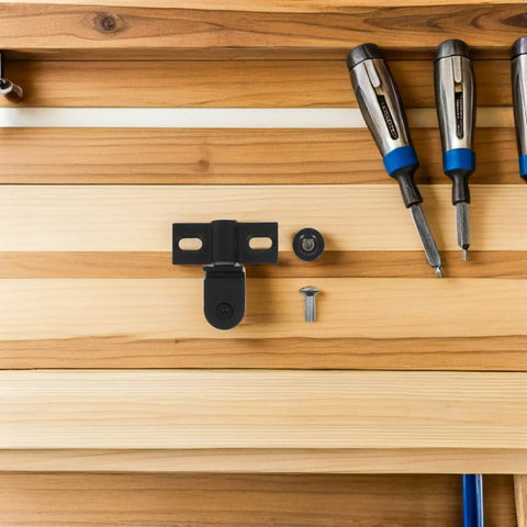 Heavy Duty Glass Door Pivot Hinge in Stainless Steel for Bathroom Shower Doors Premium Finish shown with tools on wood surface