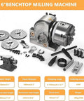 Heavy Duty Three Jaw Universal Dividing Head With Tilting Rotary Table And Indexing Plate For Vertical And Horizontal Mills Featuring Dead Nut Precision Handwheel Control And Tailstock Support For No Fuss Workshop Tasks, with milling machine components including chuck and plates.