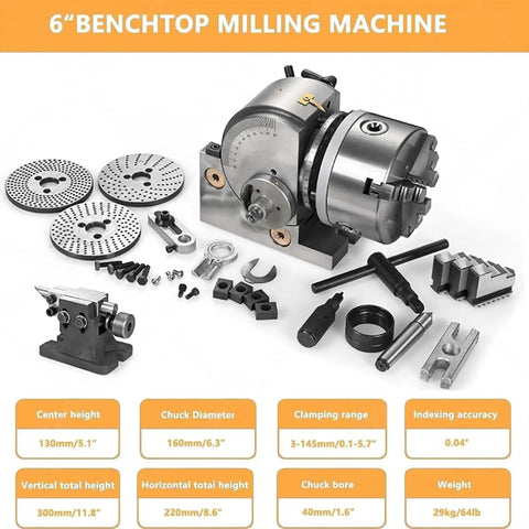 Heavy Duty Three Jaw Chuck And Rotary Dividing Head Kit With Tailstock For Cnc Milling showing cast iron body and components.
