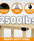 Heavy Duty Workbench Bracket Kit For 2x4 And 4x4 Lumber, close-up of leg frame braces and table holding 2500lbs, sturdy support.