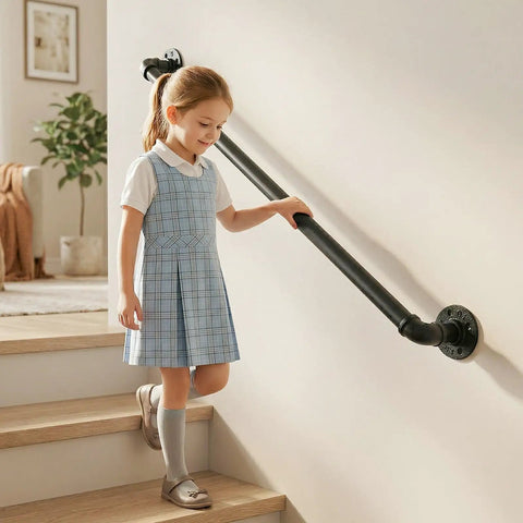 Rock Solid 3 Foot Adjustable Pipe Handrail For Indoor Outdoor Stairs Heavy Duty Wall Mounted Metal Safety Grab Bar Supporting 440 Lbs With No Sweat Setup For Bathrooms And Porches used by a child on indoor stairs.