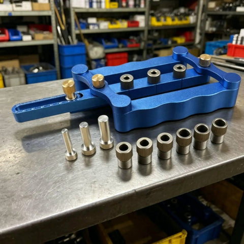 Rock Solid Shop Jig Bullseye Hole Alignment Tool with adjustment knobs and drill sleeves on a workbench.