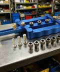 Dead On Drill Guide Jig For Zero Hassle Cabinet Assembly And Drawer Projects Features Pro Grade Router Template with drill sleeves and pins