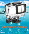 Rugged Underwater Housing For Action Camera 40m Waterproof Case For Hero 7 6 5 Black, shown above ocean water with features highlighted.