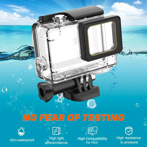 Rugged Underwater Housing For Action Camera 40m Waterproof Case For Hero 7 6 5 Black, shown above ocean water with features highlighted.