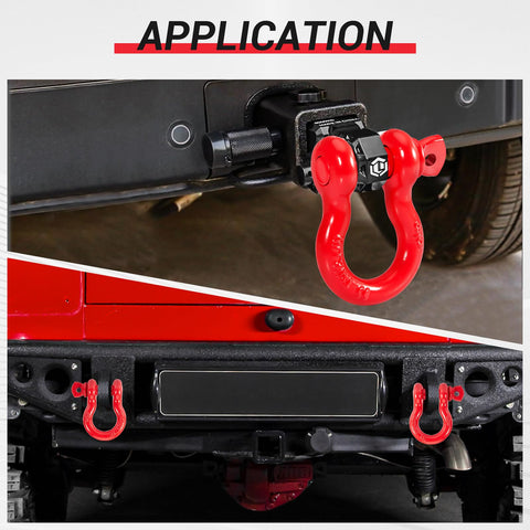 Five Eighths Inch D Ring Shackles Heavy Duty Forged Carbon Steel With Screw Pin Working Load Limit 3.25 Tons 6500 Lbs Towing Rigging And Vehicle Recovery Red 10 Pack displayed on vehicle showing application