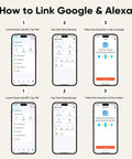 Step-by-step guide on linking Google & Alexa using Smart Life app with gathered phone interface screenshots.