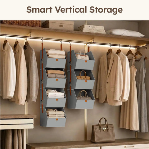 Hanging Closet Organizer 4 Tier With Detachable Fabric Bins And Collapsible Baskets in gray, shown in a closet setting