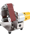 Fafeicy 3 In 1 Mini Belt Sander With Adjustable Speed Electric Bench Grinder For Metal Wood And Jewelry Polishing Station, compact design with motor and sanding belt.