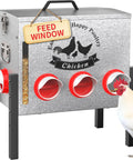 Heavy Duty Automatic Chicken Feeder With Clear Window And Eight Wide Ports For Zero Mess Coop Care, rust-proof steel, 10-gallon capacity.