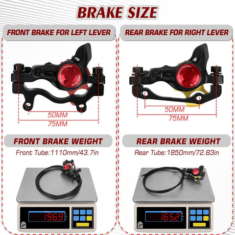 Hydraulic Disc Brake Kit For E Bikes With Dual Pistons 2 Pin Calipers Power Off System showing front and rear size and weight