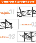 Garden Tool Organizer And Storage Stand With Lockable Wheels For Garage Shed Multi Slot Shelves and Hooks Detail View