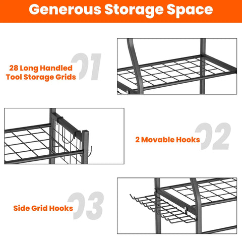 Garden Tool Organizer And Storage Stand With Lockable Wheels For Garage Shed Multi Slot Shelves and Hooks Detail View
