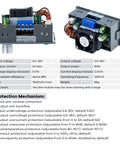 Front and side view of Buck Boost DC Power Converter CC CV 0.6 to 36 Volt Output 5 Amp Lab Power Supply Module with adjustable voltage.