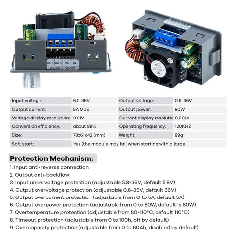 Front and side view of Buck Boost DC Power Converter CC CV 0.6 to 36 Volt Output 5 Amp Lab Power Supply Module with adjustable voltage.