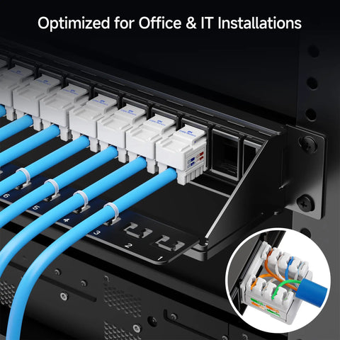 Rackmount Or Wall Mount 1U 24 Port Keystone Patch Panel With Cable Management And Support Bar, cables connected for IT setup