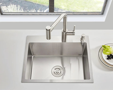 20 Inch Drop In Kitchen Sink With Basket Strainer, 18 Gauge T304 Stainless Steel Handmade Top Mount Single Bowl, Brushed Finish, Measures 20 Inch Long 16 Inch Wide 9 Inch Deep, Ideal For RVs installed on countertop under window