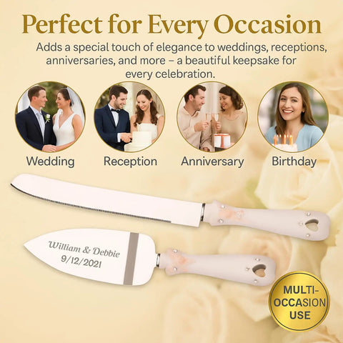 Personalized Rose Gold Wedding Cake Knife And Server Set With Double Heart Engraving on table, perfect for all occasions