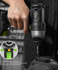 Person using 20V Cordless Impact Driver With One Quarter Inch Hex Chuck LED Work Light Includes Six Bit Set Variable Speed Trigger