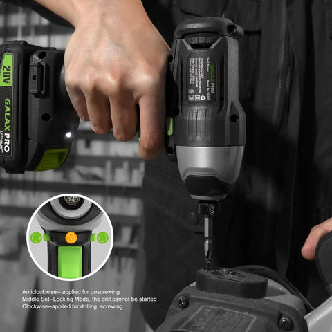 Person using 20V Cordless Impact Driver With One Quarter Inch Hex Chuck LED Work Light Includes Six Bit Set Variable Speed Trigger