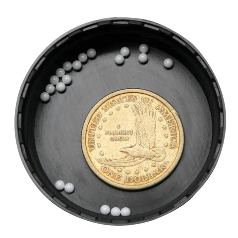 Ceramic Bearing Balls 2.5mm Zirconia Oxide ZrO2 G10 Precision Set Of 20 with coin for scale in black container