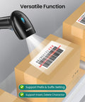 USB Wired Barcode Scanner With Stand For Computer And POS 2D 1D QR Code Reader scanning a box in a warehouse setting