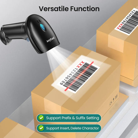 USB Wired Barcode Scanner With Stand For Computer And POS 2D 1D QR Code Reader scanning a box in a warehouse setting