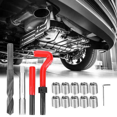 15-Piece M14x1.25 Thread Repair Kit Stainless Steel with components and car undercarriage