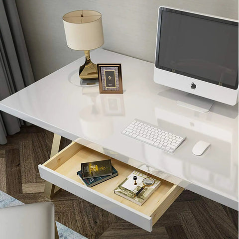 Glossy Glitter White Peel And Stick Contact Paper For Countertops Cabinets Backsplash And Tables Waterproof Vinyl Roll Easy To Clean 15.8 In By 118.1 In 12.89 Sq Ft Per Roll covering a modern desk surface with open drawer showing books and accessories