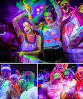 People enjoying a vibrant party with glow lighting using the 40 Foot LED Blacklight Strip Kit With 720 LEDs, 12V Flexible, Non Waterproof.