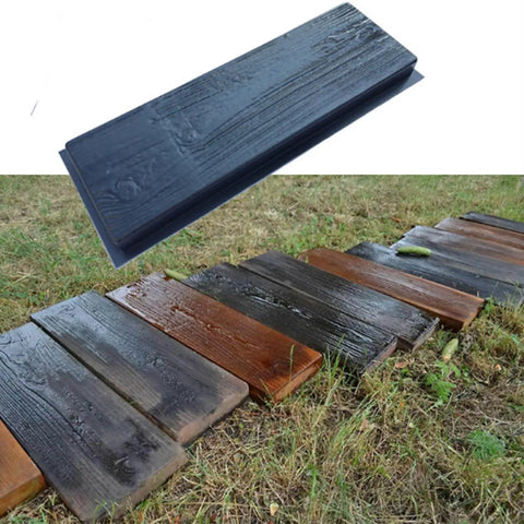 Wooden Board Molds For Concrete DIY Garden Pathways Two Piece Stepping Stone Molds showing installed outdoor path on grass.