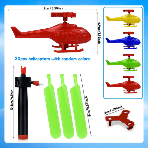 Colorful Helicopters And Airplanes Set With Launcher, 20 Flying Toys For Party Favors, Helicopter and Launcher Dimensions