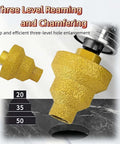 Front/side view: diamond-coated three-step drill bit set, 20/35/50 mm, M10; tile/concrete/marble; angle grinder.