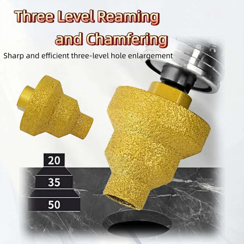 Front/side view: diamond-coated three-step drill bit set, 20/35/50 mm, M10; tile/concrete/marble; angle grinder.