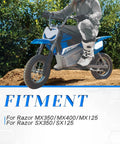 Rider on Razor MX350 electric dirt bike, showcasing off-road capability and fitment for MX350, MX400, MX125 models.