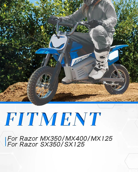 Rider on Razor MX350 electric dirt bike, showcasing off-road capability and fitment for MX350, MX400, MX125 models.