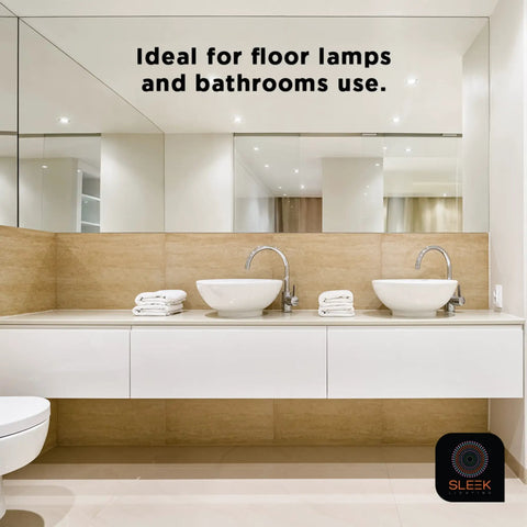 Modern bathroom interior with mirrors and sinks, text promoting use for floor lamps; 13W T2 Spiral CFL GU24 Base Light Bulb 2700K Warm White