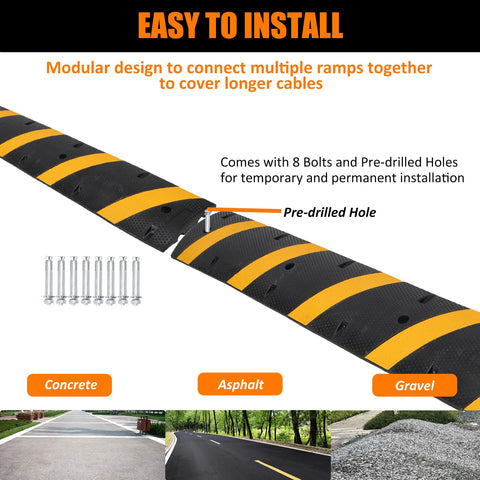 6 Ft Rubber Speed Bumps 2 Pack Heavy Duty Driveway Ramp For Gravel Road And Parking Lot Asphalt Protect Cables And Hoses With 8 Bolts Spikes Modular Cable Protector Ramp showing installation details and pre-drilled holes with bolts