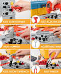 3 In 1 Kids Tool Workbench Set With Battery Drill, tools displayed, showing screwdriver, drill, hammer, wrench, pincer for play.
