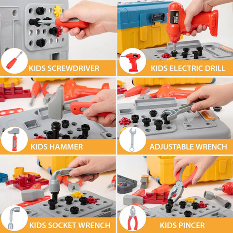 3 In 1 Kids Tool Workbench Set With Battery Drill, tools displayed, showing screwdriver, drill, hammer, wrench, pincer for play.