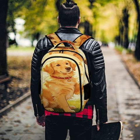 Man wearing Happy Golden Retriever Printed Backpack For Everyday Carry Unisex Large Capacity Daypack in a park