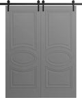 Modern Double Barn Door 84 By 96 Inches Painted Grey With 13 Ft Rail Track Set And Solid Panel Interior Doors shown closed