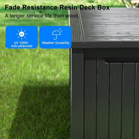 180 Gallon Resin Outdoor Deck Box Waterproof Storage Chest For Patio Furniture Cushions Pool Accessories And Garden Tools Easy Access Lid UV Resistant And Weatherproof Black close-up view