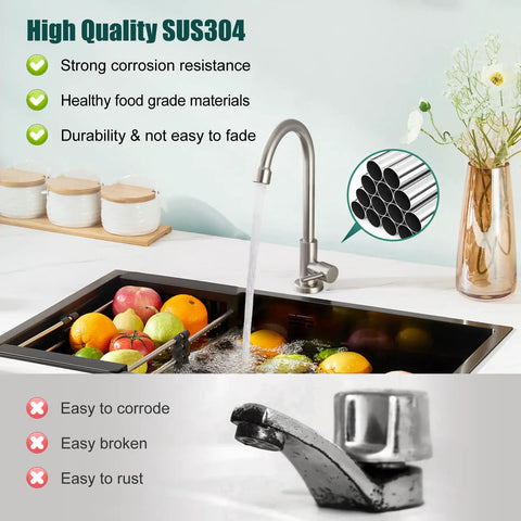 Cold Water Only Kitchen Faucet With 1 Hole, 360 Degree Swivel Gooseneck High Arc Deck Mount, SUS304 Stainless Steel, Brushed Nickel Finish
