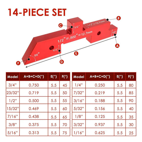 Slick 14 Piece Setup Block Gauge Set For Router Table Saws Precise Height Measurement Jigs with precise measurement chart.