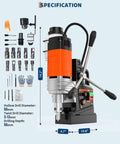 GarveeTech magnetic drill press with orange/black body and side handle; includes drill bits, wrenches, gloves, and plastic box.
