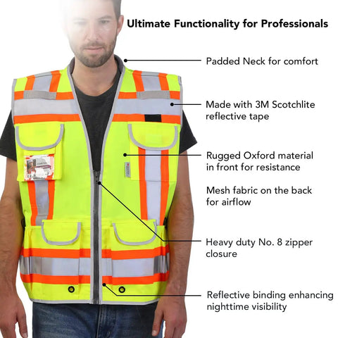 Man wearing Hi Vis Two Tone Engineer Safety Vest With 3M Scotchlite Reflective Tape Padded Collar Heavy Duty Zipper Yellow XL